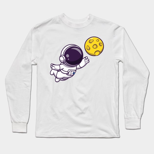 Astronaut Floating with Moon Cartoon Long Sleeve T-Shirt by Catalyst Labs